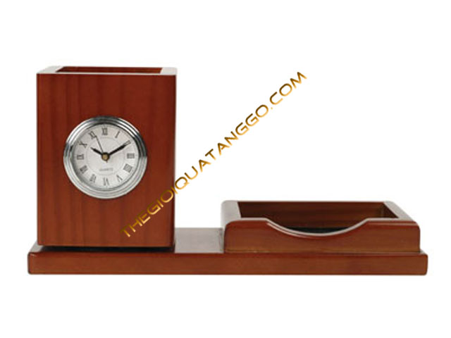 Đồng hồ để bàn gỗ & hộp cắm bút gỗ & khay đựng name card gỗ