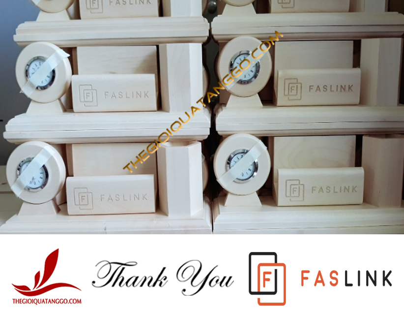 Lọ cắm bút có khay đựng name card gỗ khắc logo FASLINK