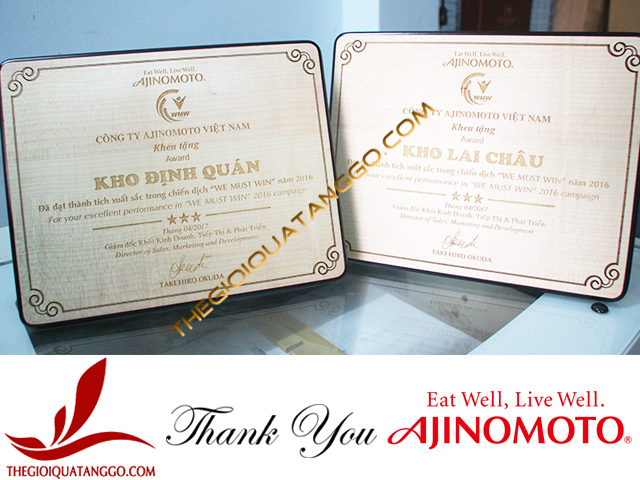 Bằng khen gỗ khắc laser của Ajinomoto Bằng khen gỗ khắc laser của Ajinomoto