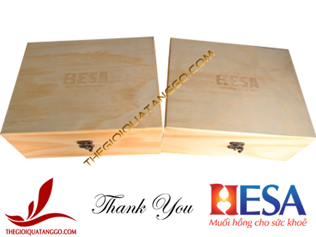 Hộp gỗ đựng đá muối khắc logo Hesa Group