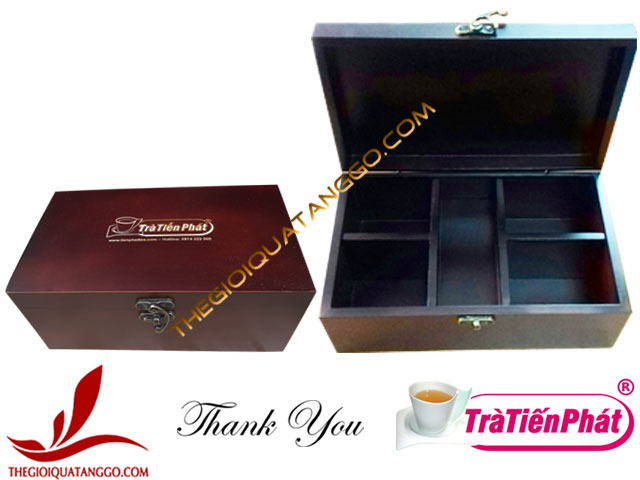 Hộp gỗ thông sơn màu khắc laser logo của Trà Tiến Phát